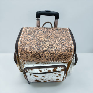 Tooled leather & cowhide rolling backpack