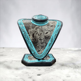 Turquoise tooled leather & cowhide necklace display