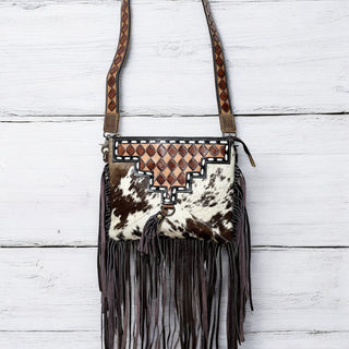 Brown checker cowhide fringe crossbody bag
