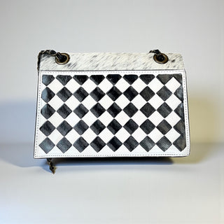 Checker tooled leather & cowhide shoulder bag