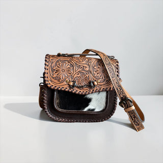 Brown horsebit tooled leather & cowhide crossbody bag
