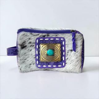 Purple tooled leather & cowhide buckle makeup bag