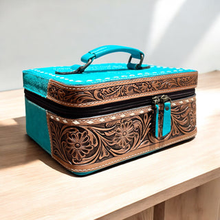 Turquoise BootStitch suede & tooled leather jewelry box