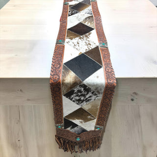 Brown tooled leather & cowhide table runner