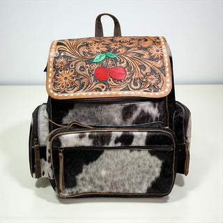 Cherry tooled leather & cowhide backpack