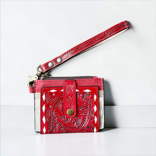 Red tooled leather wristlet wallet