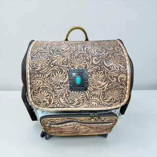 Floral Concho tooled leather & cowhide rolling backpack