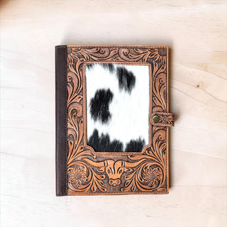 Bull tooled leather & cowhide book cover