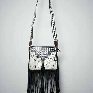 Checkers jackpot tooled & cowhide fringe crossbody bag