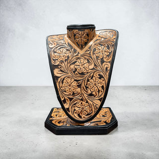 Tan/black all tooled leather necklace display