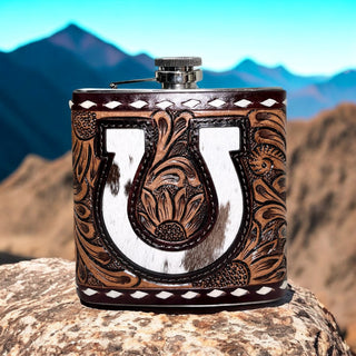 16oz Horseshoe tooled leather & cowhide flask