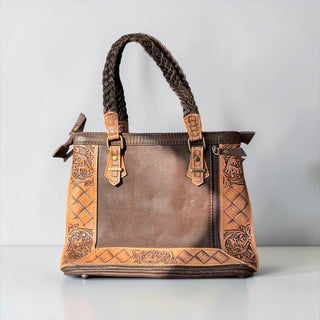Brown tooled leather & cowhide shoulder bag