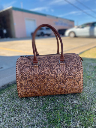 Large Tan Floral Tooled Leather Speedy Duffle Bag