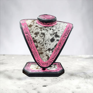 Pink tooled leather & cowhide necklace display