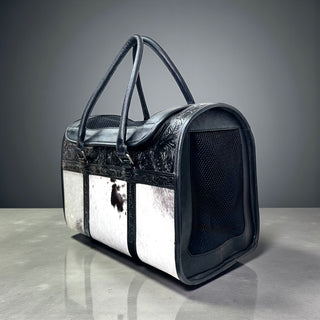 Black tooled leather & cowhide pet carrier