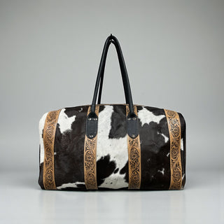 Brown/black tooled leather & cowhide duffle bag