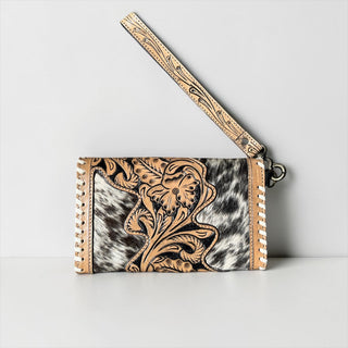 Tan cards tooled leather & cowhide wallet