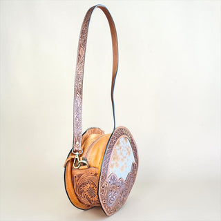 Tan tooled leather & cowhide canteen bag