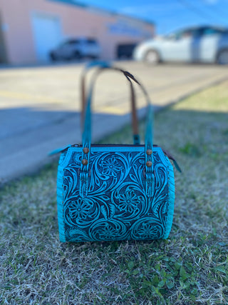 Small Turquoise Floral Tooled Leather Speedy Duffle Bag