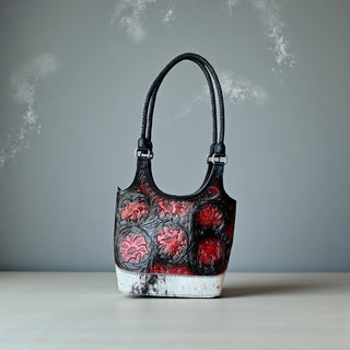 Red blossom tooled leather & cowhide shoulder bag
