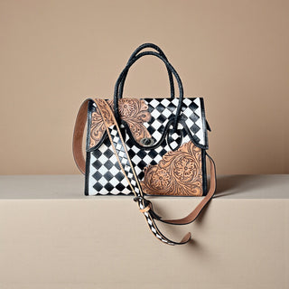 Tooled leather checker crossbody purse