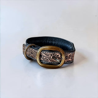 Blue Aztec tooled leather dog collar