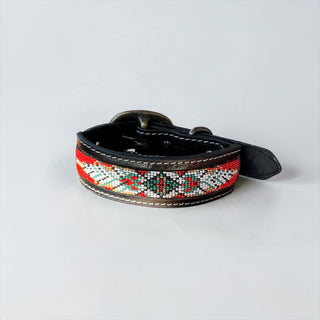 Red Aztec tooled leather dog collar