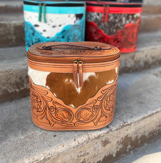 Tan Cowhide Tooled Leather Makeup Box