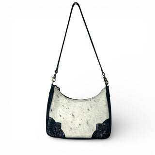 Black tooled leather & cowhide shoulder bag