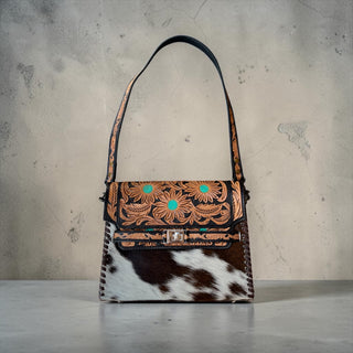 Sunflower tooled leather & cowhide shoulder bag