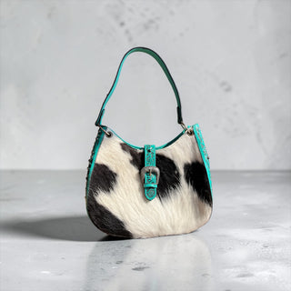 Turquoise tooled leather & cowhide shoulder bag