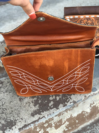 Tan BootStitch Leather Tooled Floral Crossbody