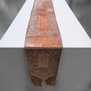All tooled leather fringe table runner
