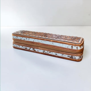 Tan tooled leather & cowhide iron case