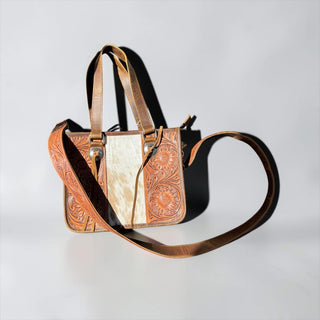 Tan tooled leather & cowhide shoulder bag