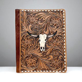 Longhorn tooled leather folder