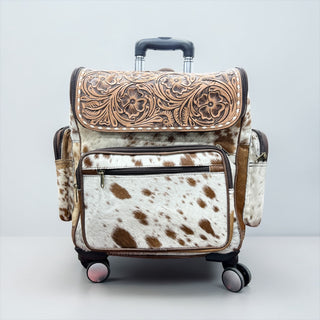 Tooled leather & cowhide rolling backpack