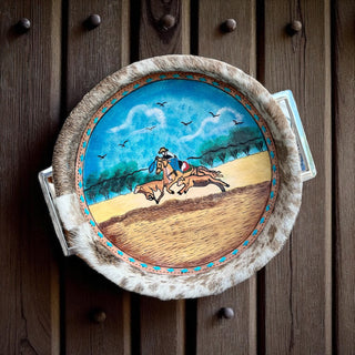Roping tooled leather & cowhide painted tray