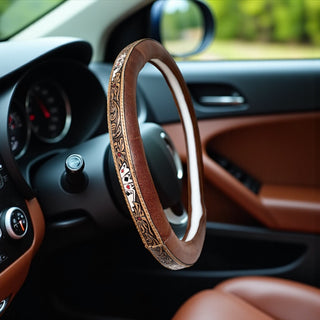 15” Cards tooled leather steering wheel cover
