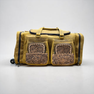 Yellow Tooled leather rolling duffle bag