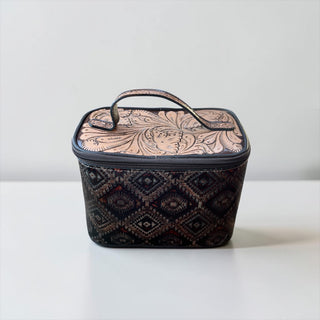 Brown Aztec embossed leather makeup bag