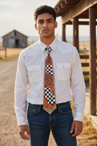 Checker floral tooled leather tie