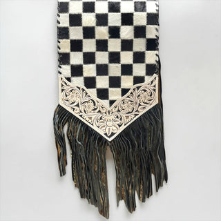 Checker tooled leather & cowhide table runner
