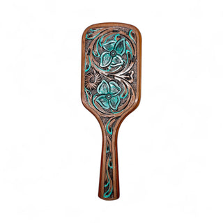 Turquoise blossom tooled leather hairbrush