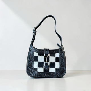 Checker cowhide & tooled leather shoulder bag