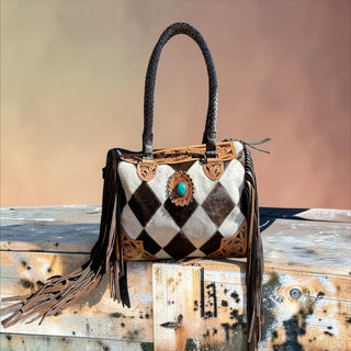 Brown cowhide patchwork fringe handbag
