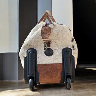 Rustic leather rolling luggage duffle bag