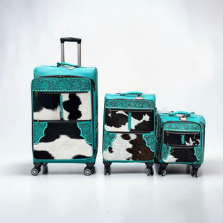 Turquoise tooled leather & cowhide luggage