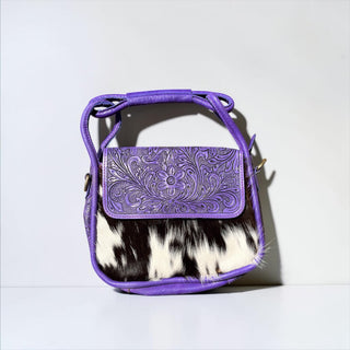 Purple tooled leather & cowhide shoulder bag