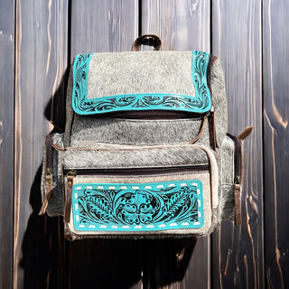 Turquoise tooled leather & cowhide backpack
